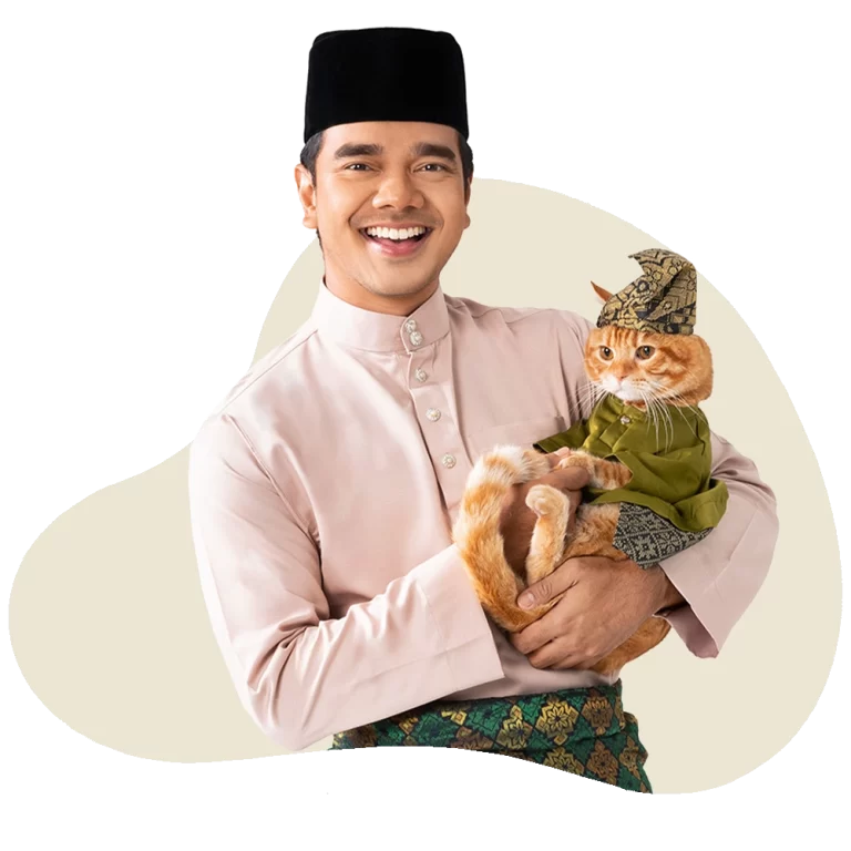 cat wearing Malaysia traditional cloth help Powercat endorsement cat food Malaysia.