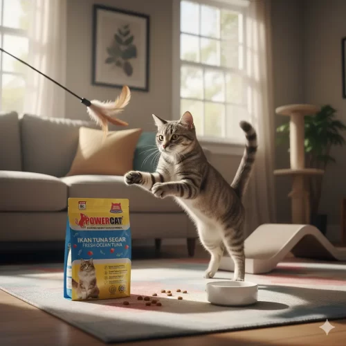 kucing aktif bermain selepas makan makanan kucing Powercat.