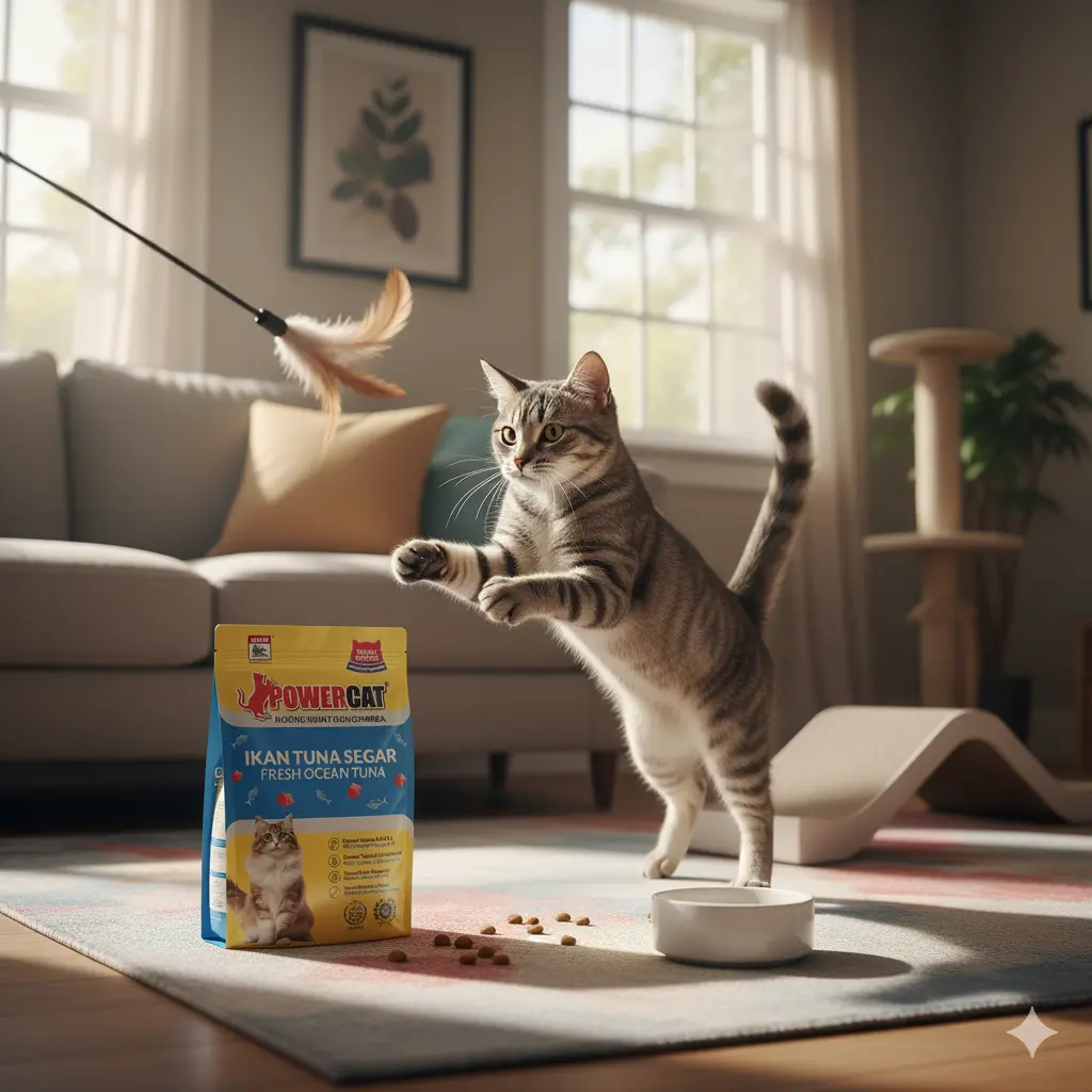 kucing aktif bermain selepas makan makanan kucing Powercat.